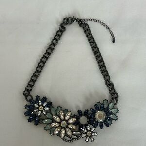 Joan Rivers Statement Necklace Rhinestone Blue Flowers Gunmetal Chain with Clasp